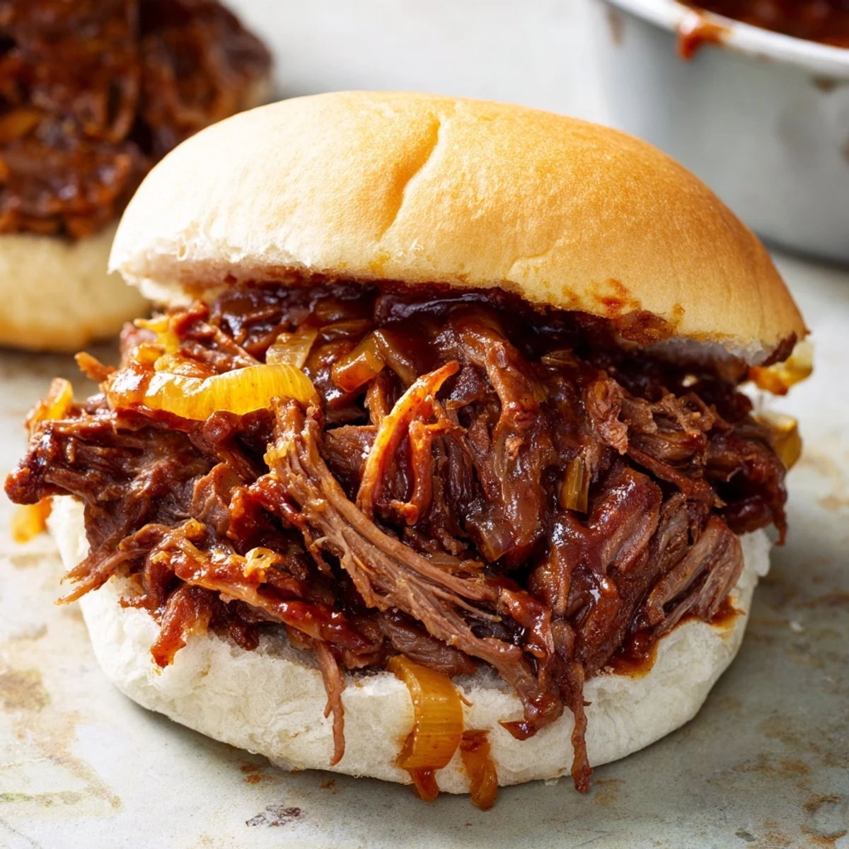 Golden, juicy Slow Cooker Pulled Beef Sandwiches spilling from a toasted bun, ready to eat.