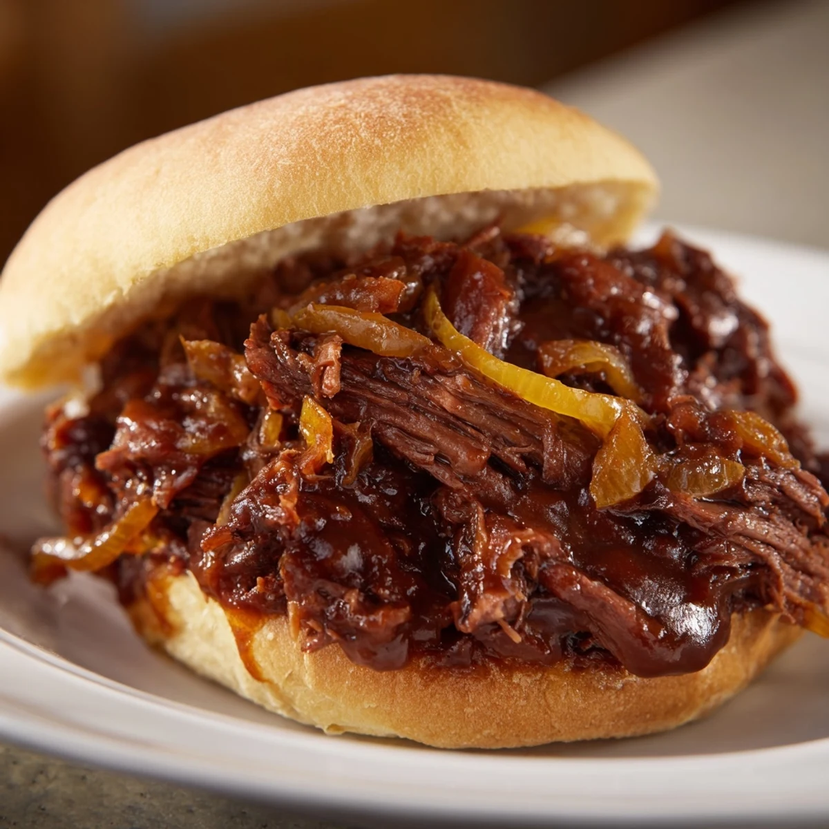 Close-up photo of Slow Cooker Pulled Beef Sandwiches: tender beef piled high, glistening with sauce.
