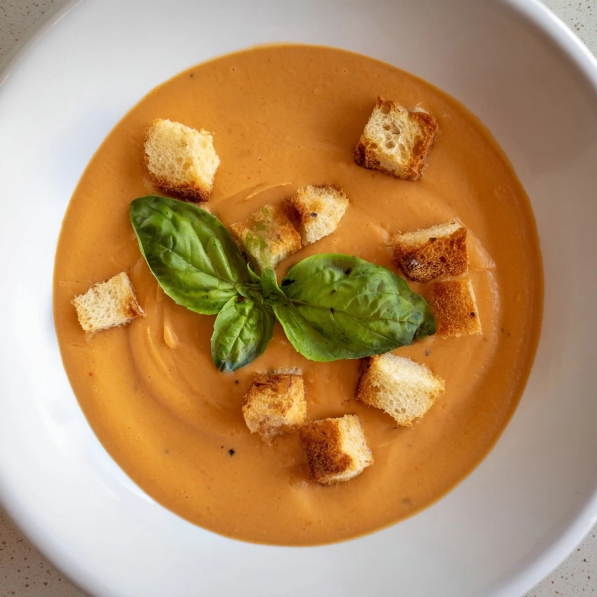 Creamy Tomato Basil Bisque, pictured with golden croutons, is a hearty, vegetarian soup perfect for a chilly day.