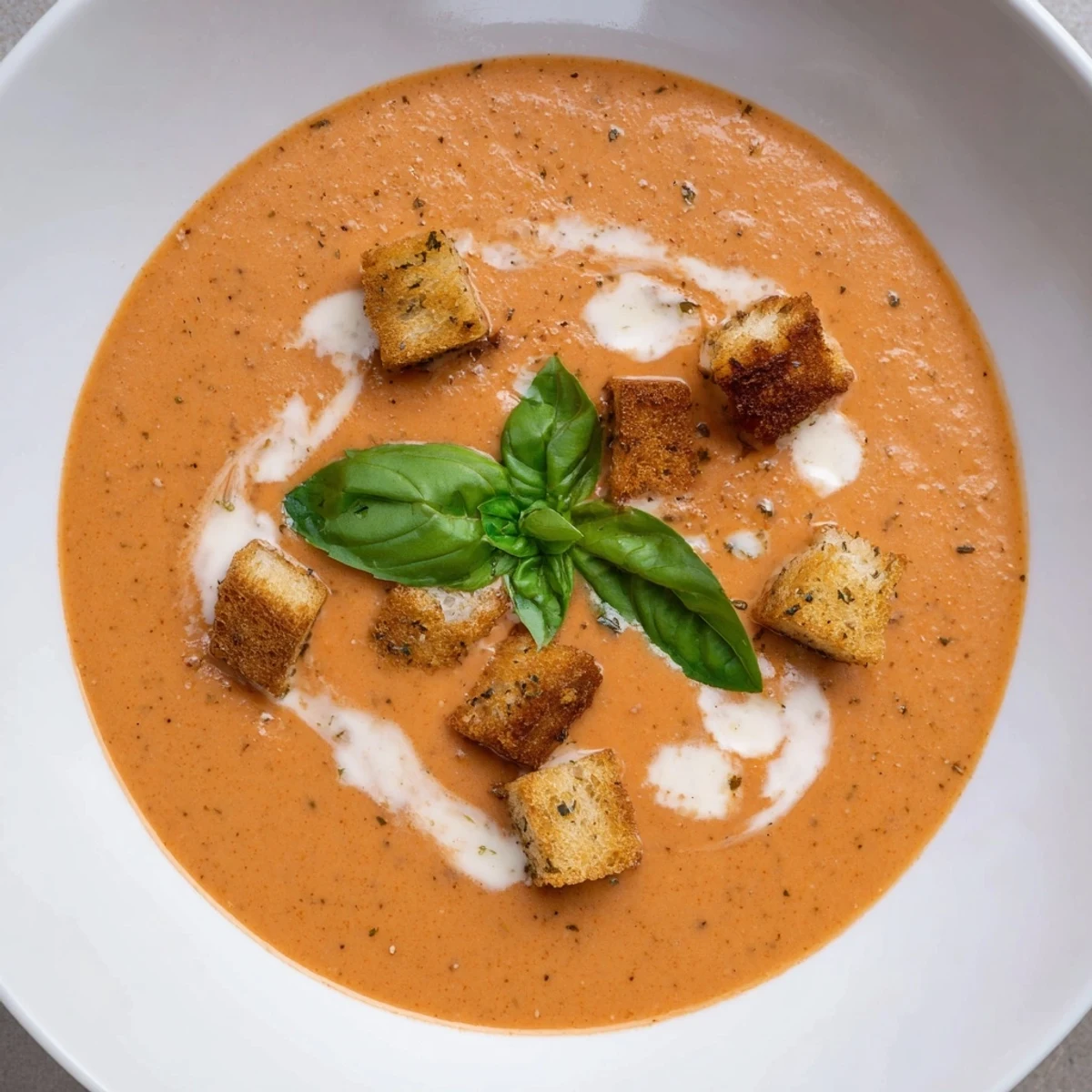 Smooth, luscious Creamy Tomato Basil Bisque, garnished with fresh basil leaves and crispy croutons, awaits.