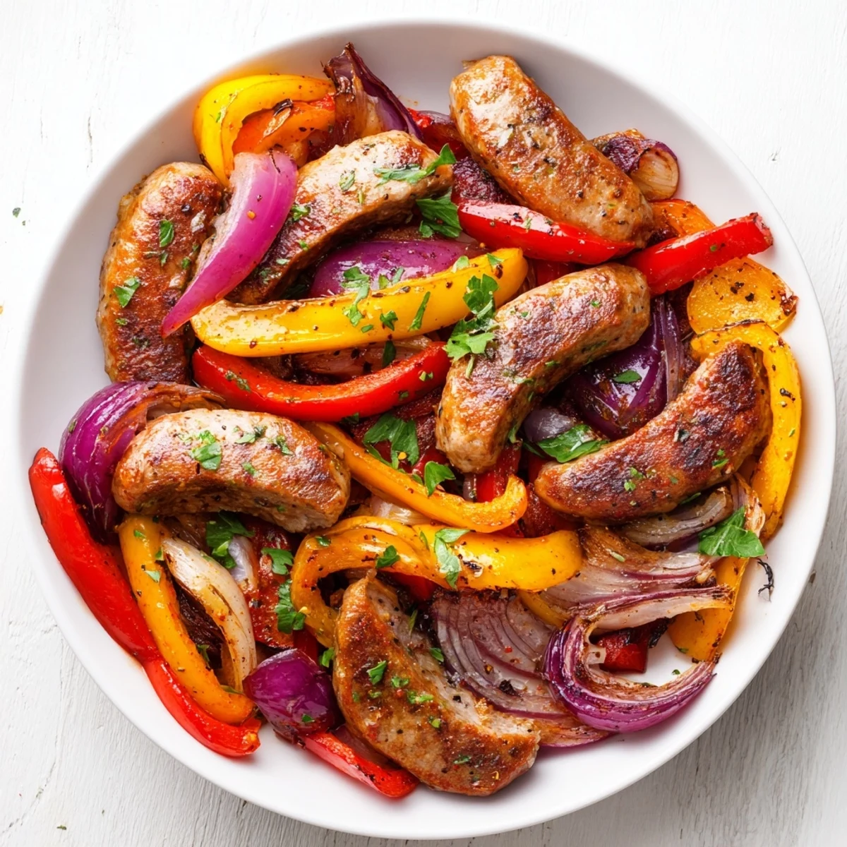 Golden-brown sheet pan sausage and peppers ready to serve, a flavorful family dinner.