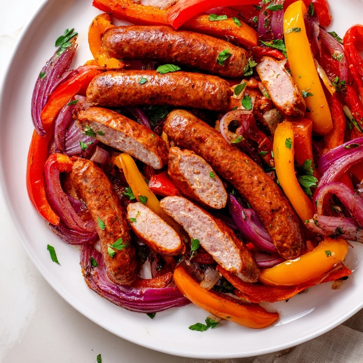 Sizzling sheet pan sausage and peppers with roasted vegetables, perfect for easy weeknight meals.