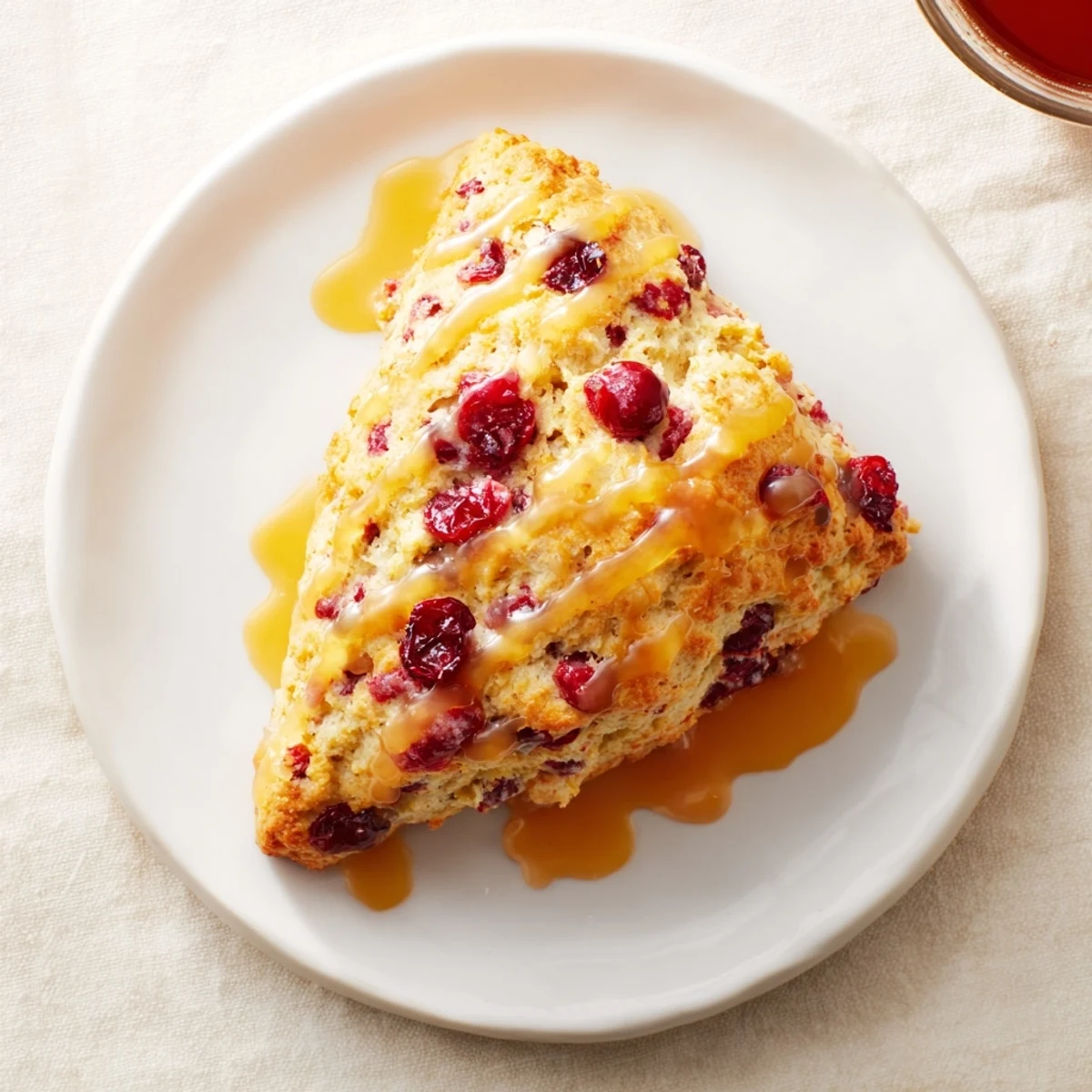 Golden-baked Cranberry Orange Scones with a sweet orange glaze, ready to enjoy for a delicious breakfast.
