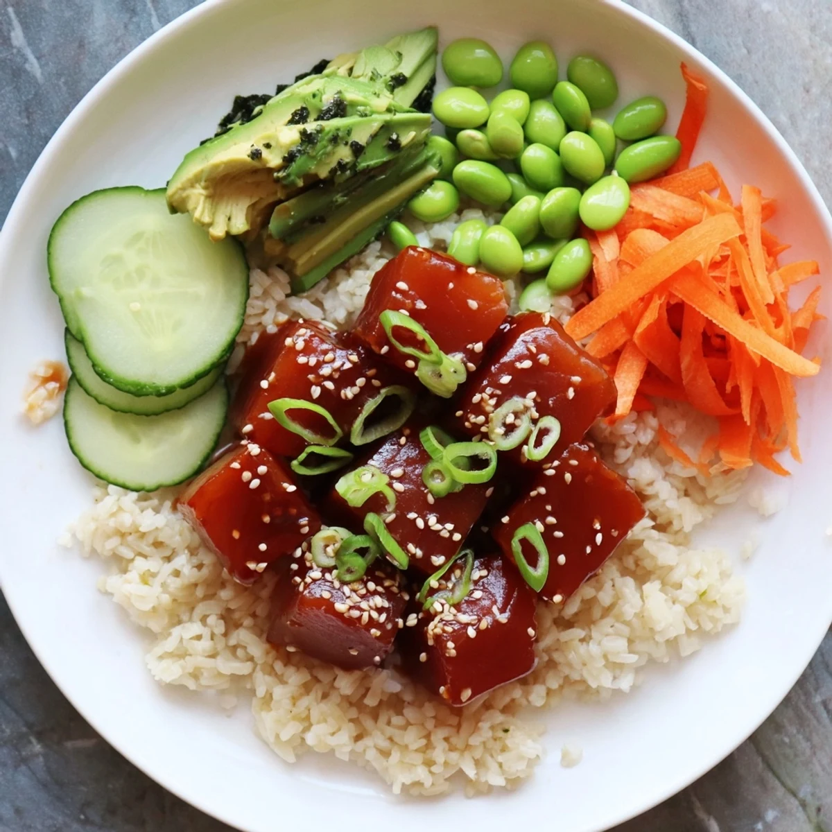 Beautiful Spicy Tuna Poke Bowl, a pescatarian delight with marinated tuna and crunchy vegetables.