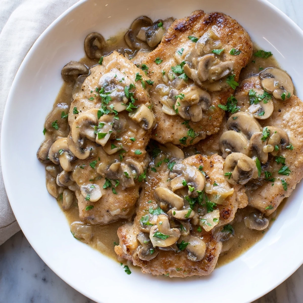 Golden chicken marsala with mushrooms served on a plate, rich sauce bubbling, ready to eat.