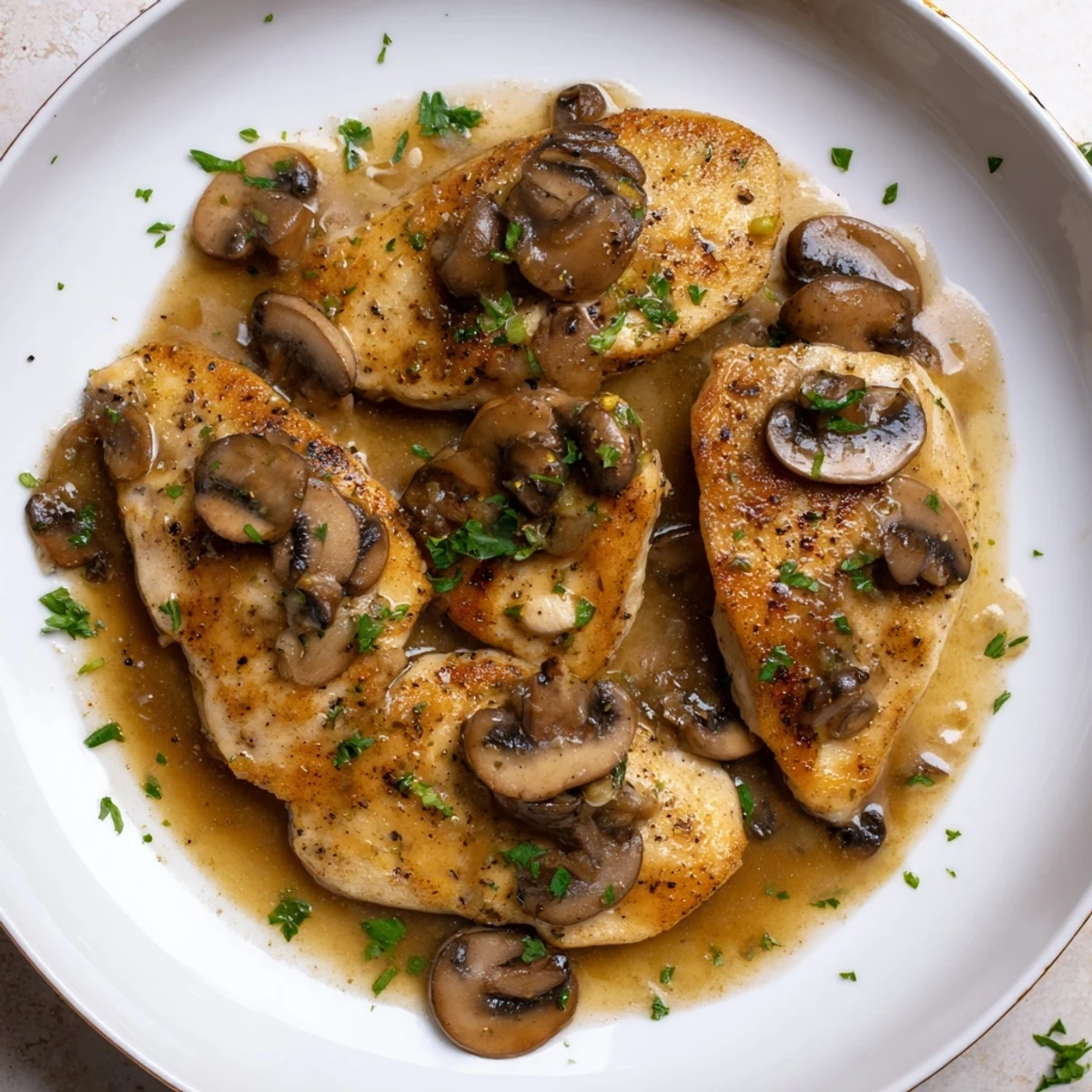 Tender Chicken Marsala with mushrooms, a beautiful Italian feast, glistening in a savory sauce.