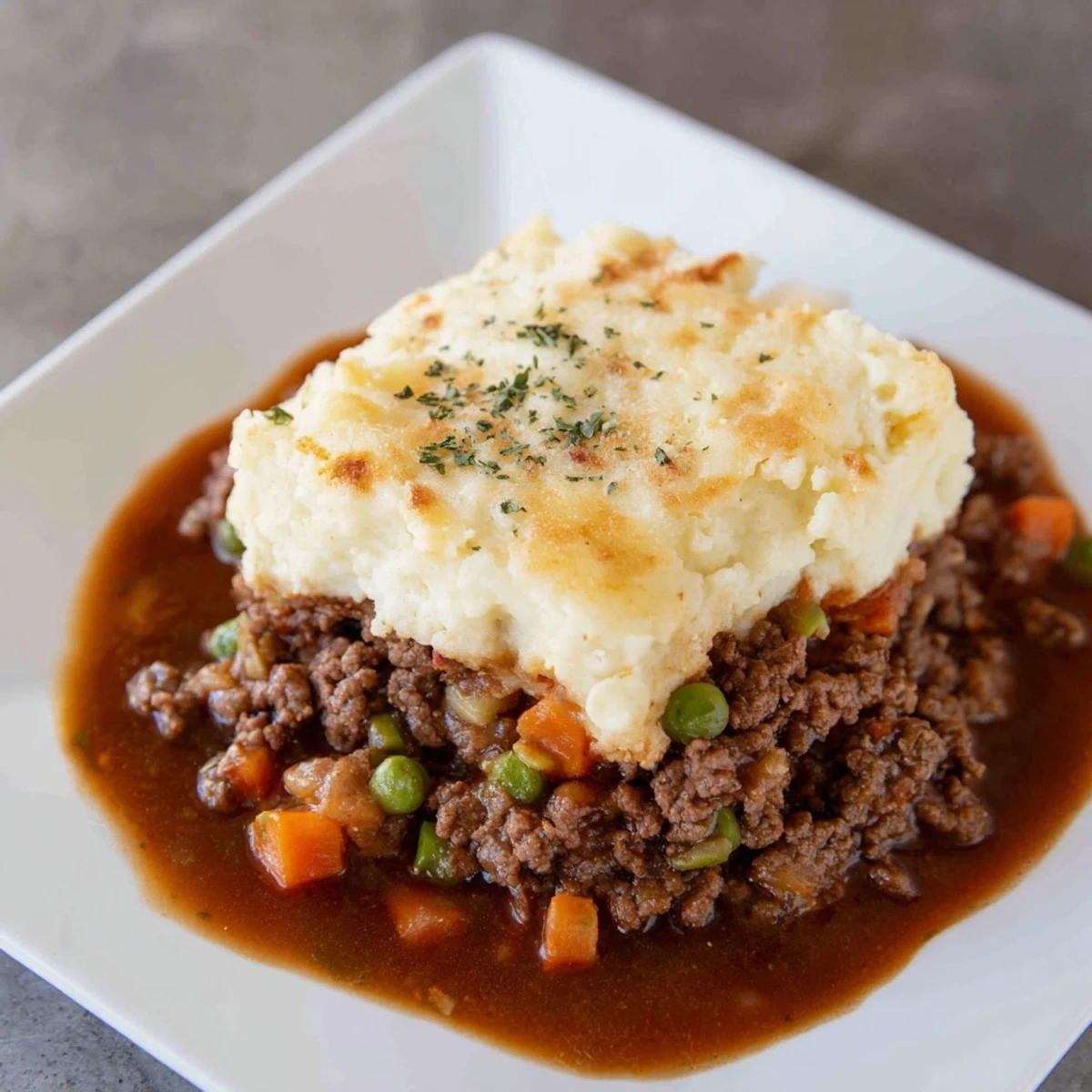 Close-up of baked Beef Shepherd's Pie showing the tender beef filling and creamy topping.