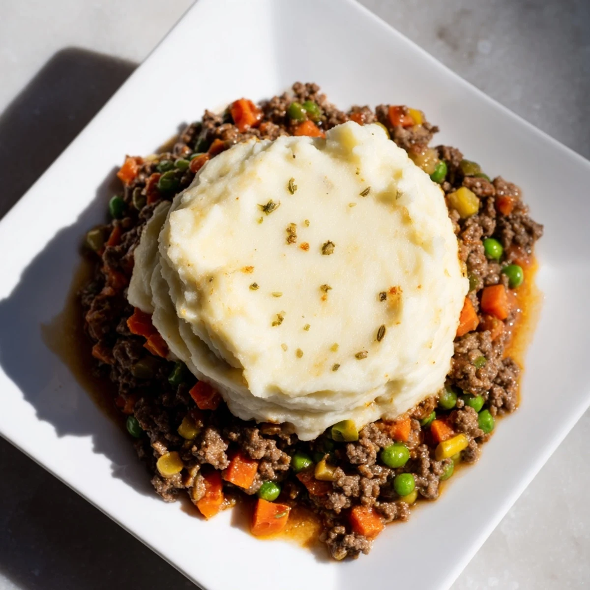 A steaming, hearty Beef Shepherd's Pie overflowing with rich beef and vegetables.