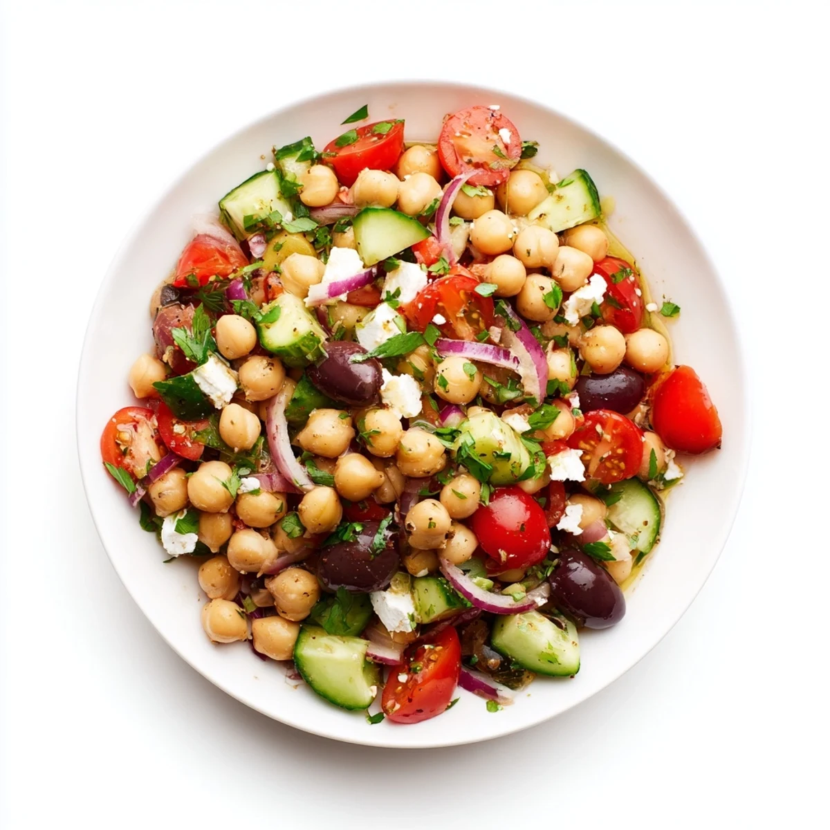 This Mediterranean Chickpea Salad with feta and zesty dressing looks fresh and inviting.