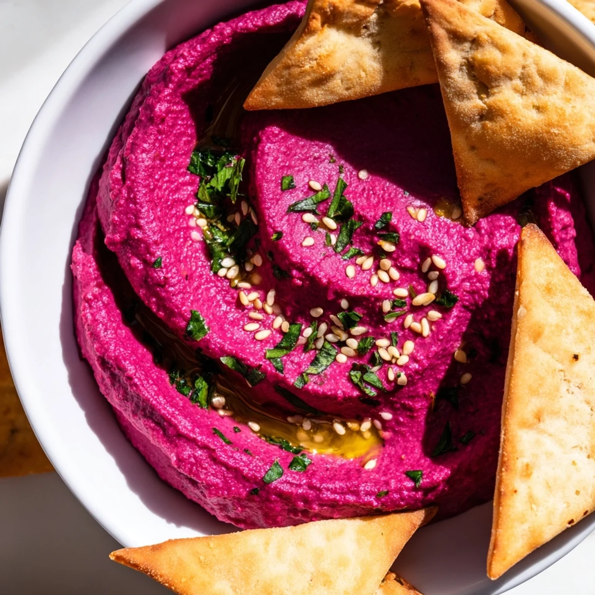 Homemade pita chips alongside smooth, bright pink Roasted Beet Hummus, the perfect appetizer for sharing.