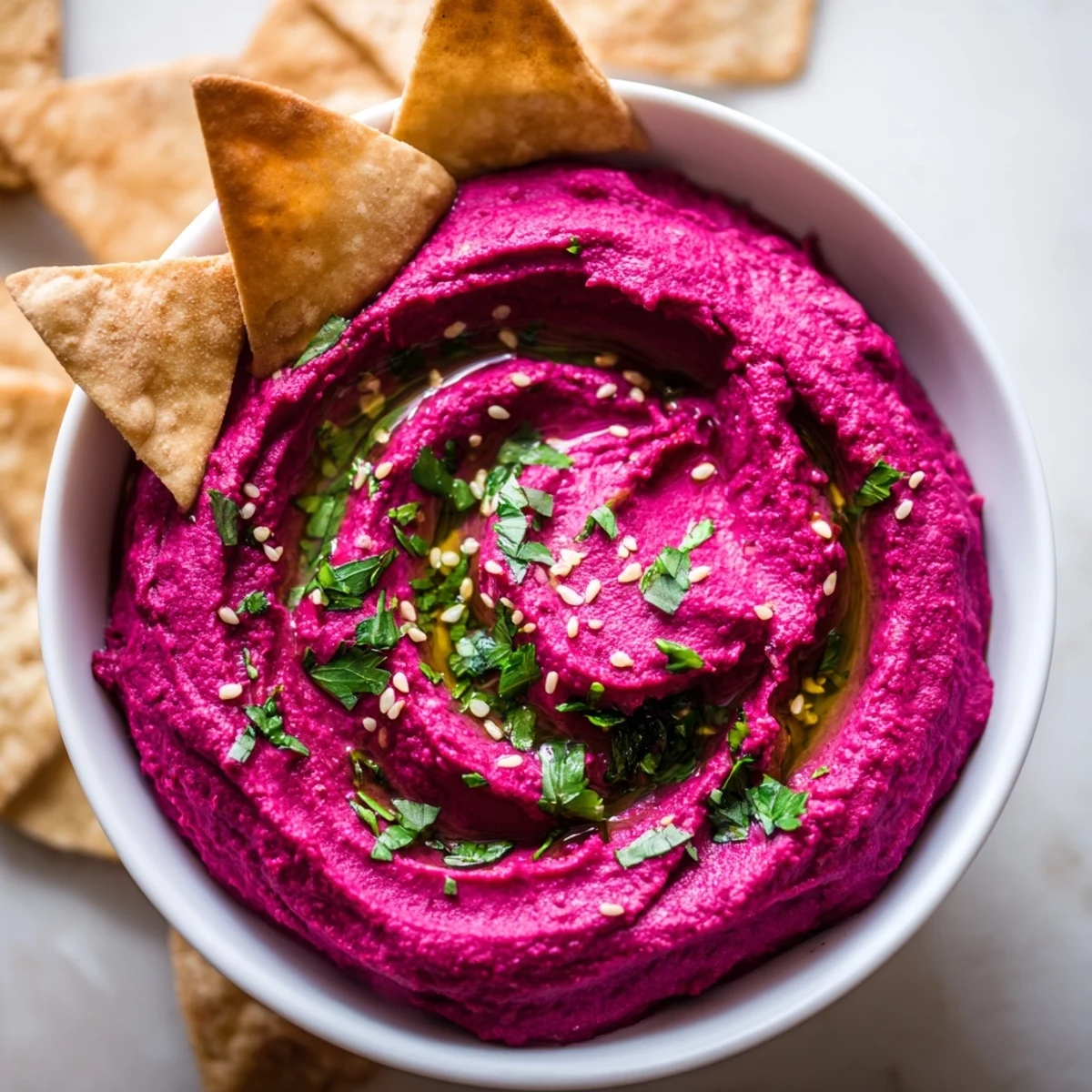 A bowl of fresh Roasted Beet Hummus, garnished with parsley and sesame seeds; a delicious Mediterranean meal.