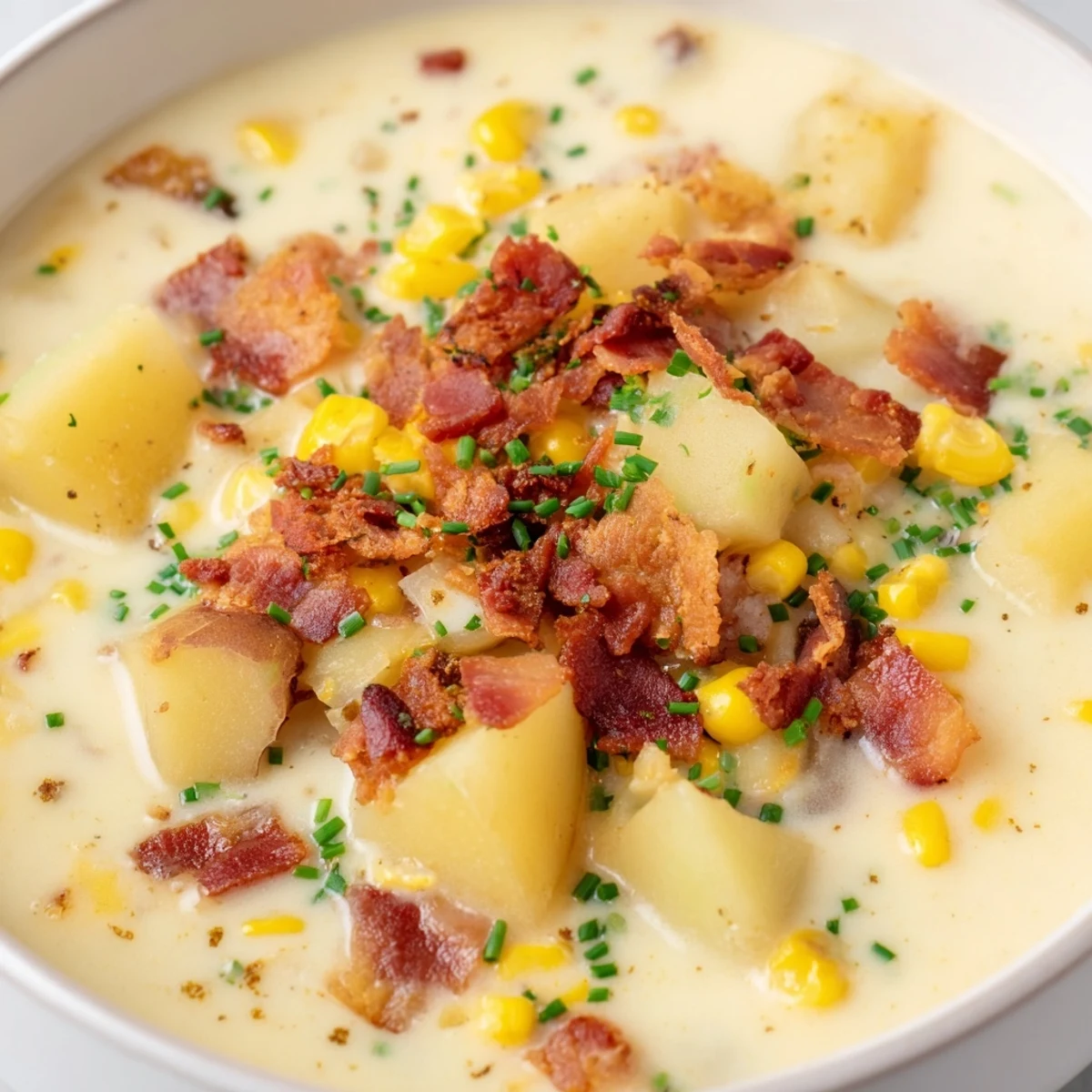 Creamy Corn Chowder with Turkey Bacon Bits steaming in a rustic bowl, garnished with fresh chives and crispy bacon crumbles.