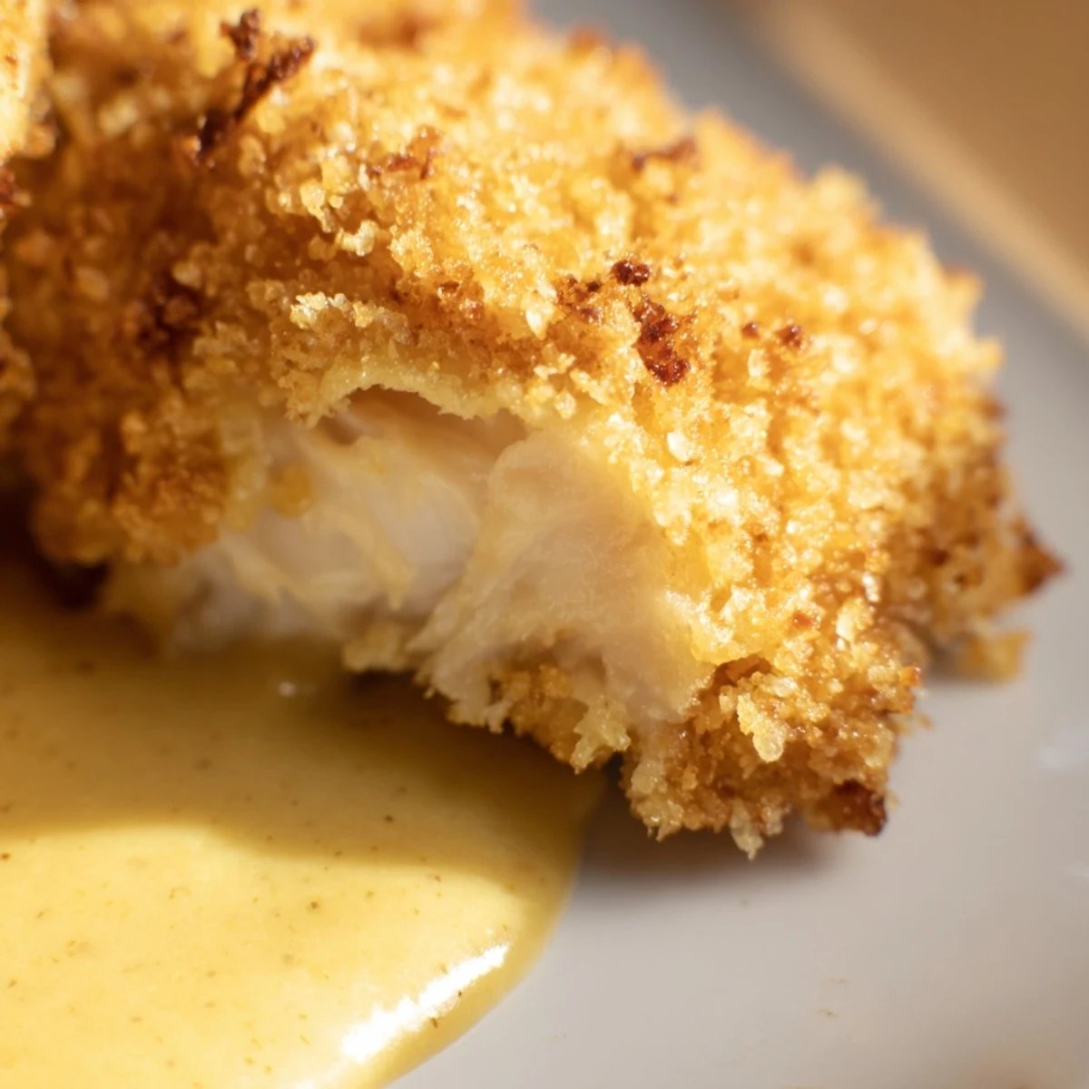 A hand dips a golden baked chicken tender into a creamy honey mustard sauce, perfect for a family dinner.