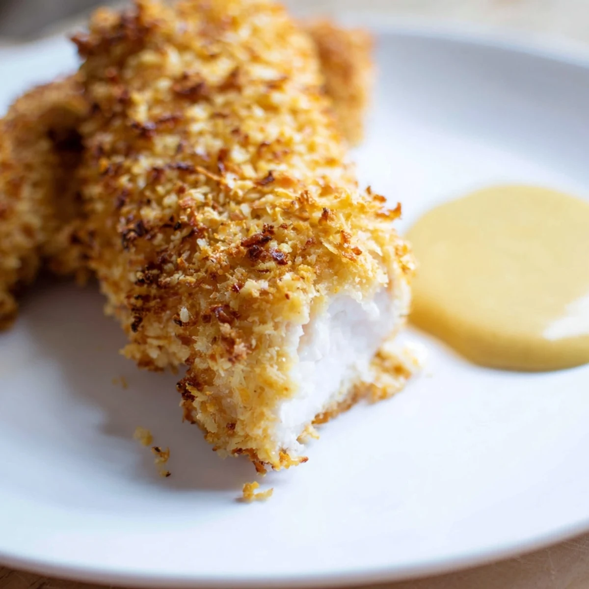 Golden, crispy baked chicken tenders with honey mustard sauce are arranged on a white plate, garnished with fresh parsley.