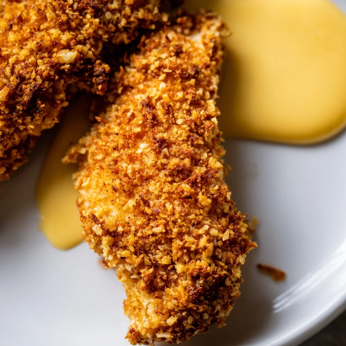 Freshly baked chicken tenders with a crispy panko crust are served with tangy honey mustard for dipping.
