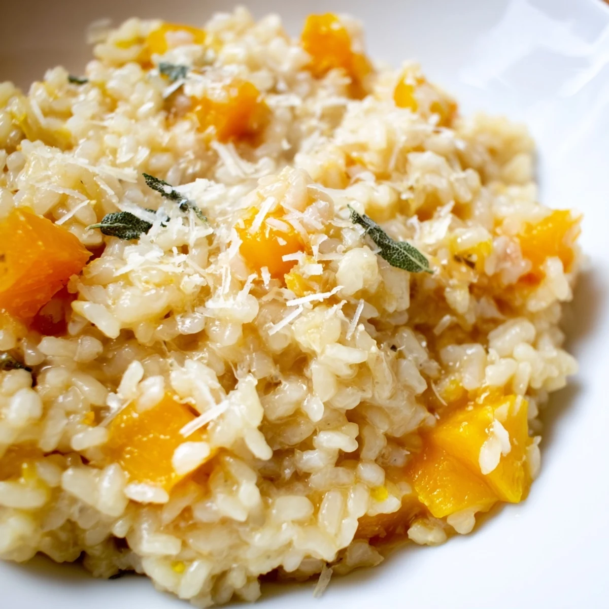 Creamy Winter Squash Risotto with Sage and Parmesan served warm, garnished with fresh herbs and a Parmesan cheese grate.