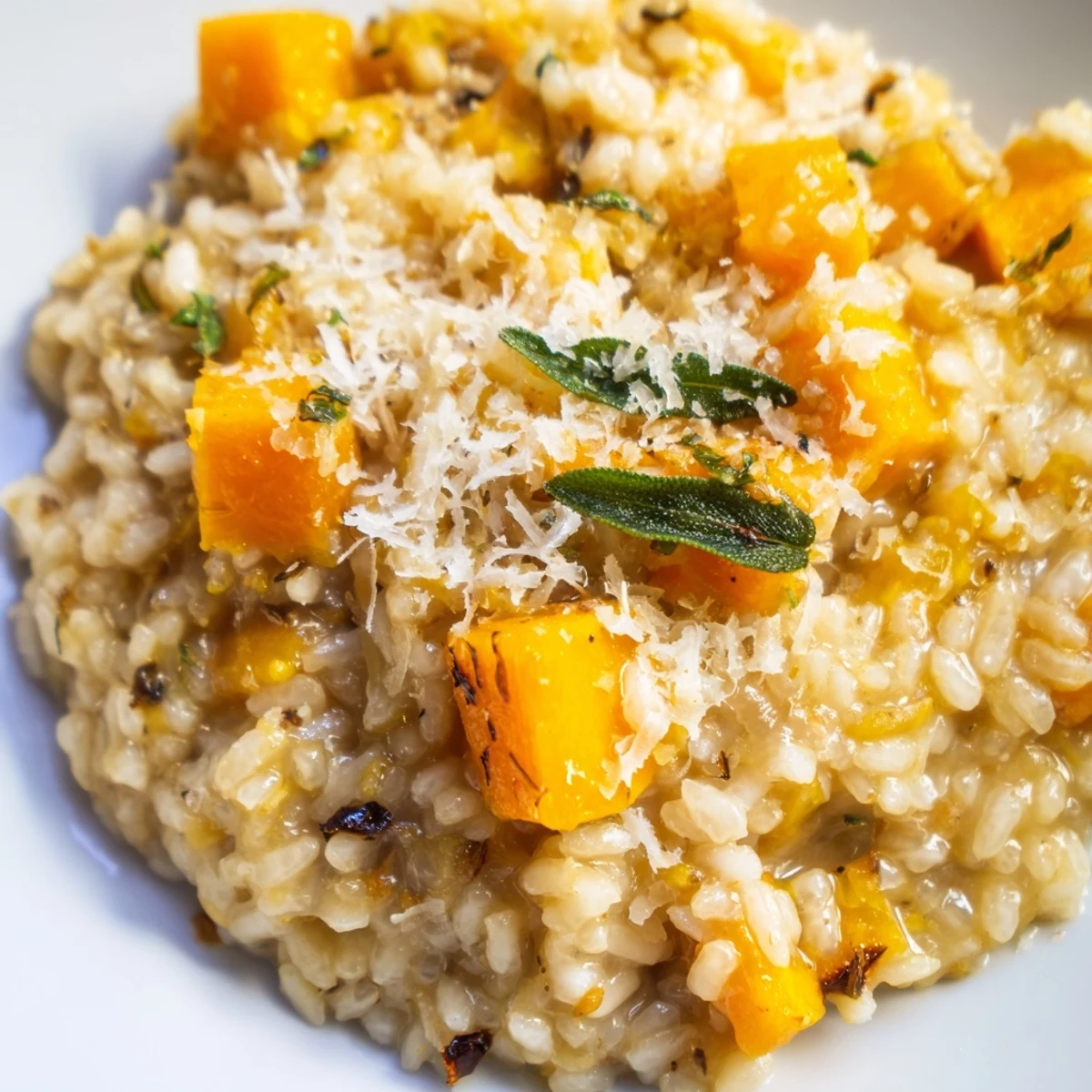Steaming Winter Squash Risotto with Sage and Parmesan in a rustic bowl, spoon resting beside a glass of white wine.