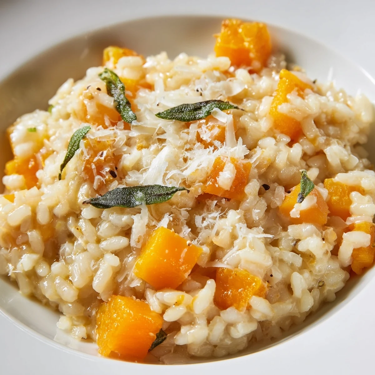 Golden, comforting Winter Squash Risotto with Sage and Parmesan topped with extra grated cheese and fresh sage leaves.