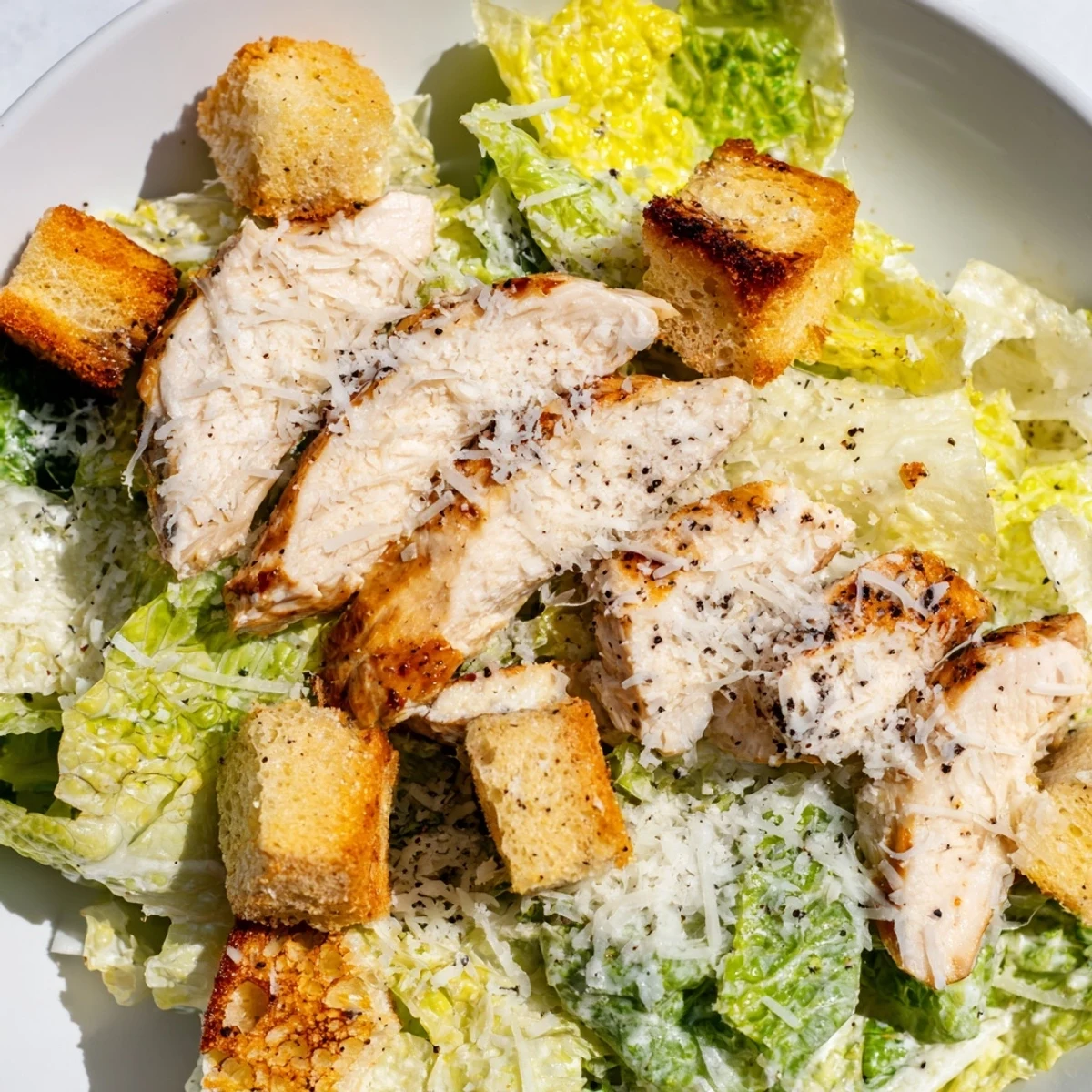 Juicy grilled chicken slices and golden homemade garlic croutons rest on crisp romaine lettuce for a fresh Chicken Caesar Salad.