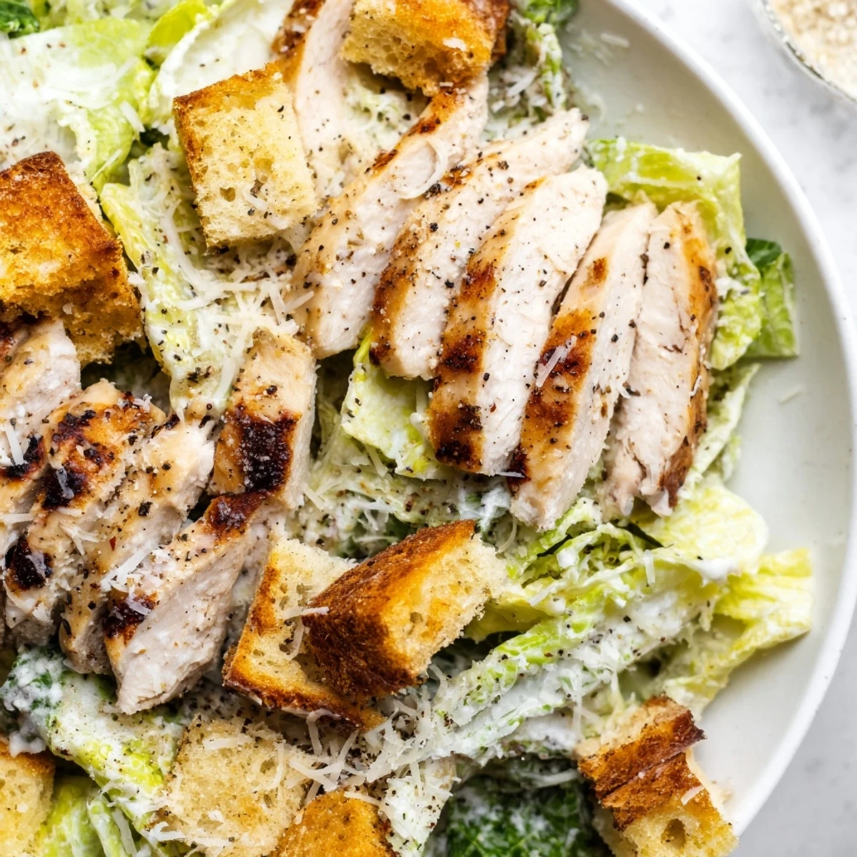Savory Caesar dressing coats crunchy romaine, topped with shaved Parmesan and homemade garlic croutons alongside tender grilled chicken.