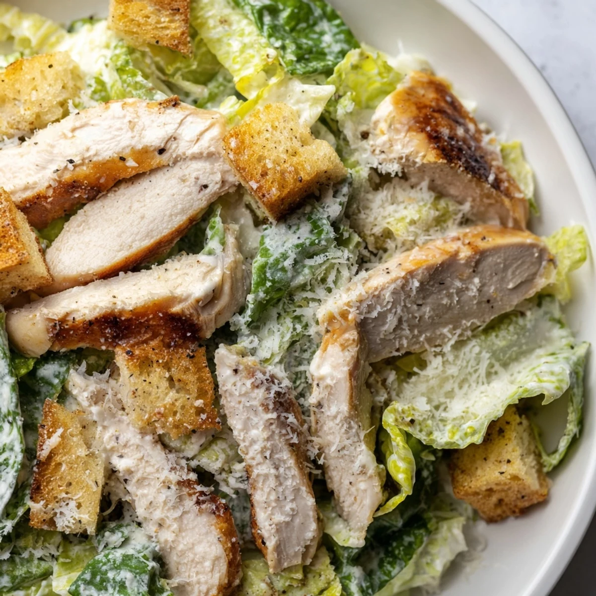 A rustic serving bowl holds fresh Chicken Caesar Salad, featuring bright greens, savory croutons, and golden grilled chicken strips.