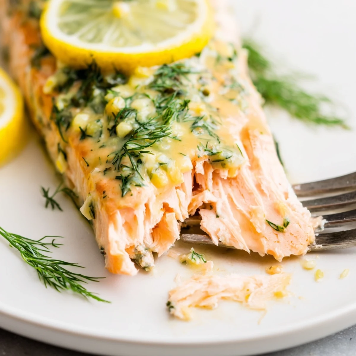 Golden-brown, flaky Baked Salmon with Dill and Lemon Butter Sauce fillets garnished with fresh dill and lemon slices.