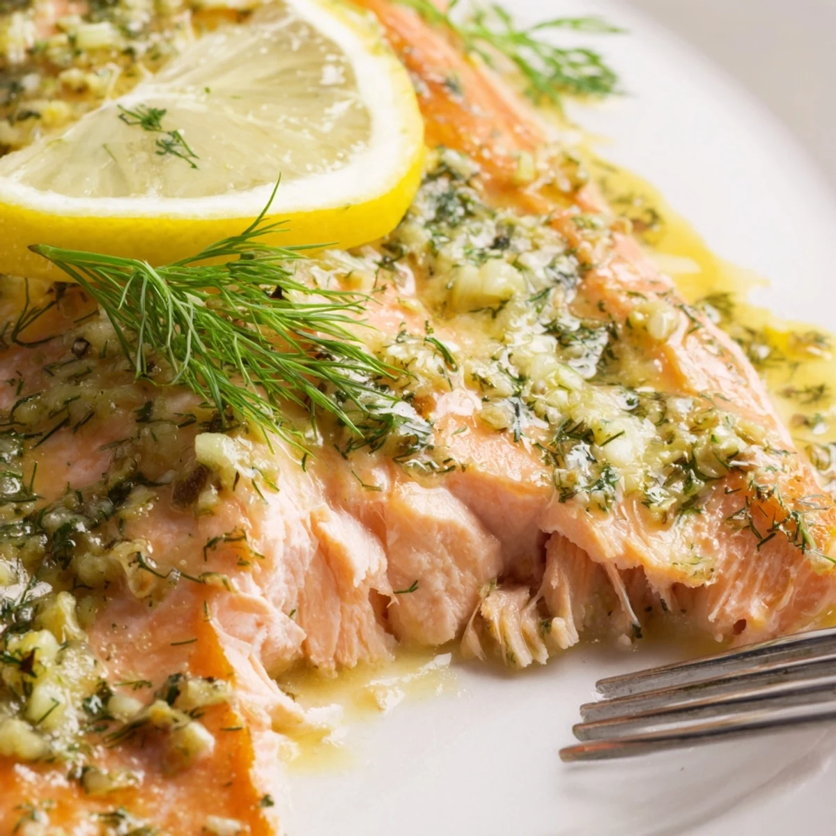 Perfectly cooked Baked Salmon with Dill and Lemon Butter Sauce served with roasted asparagus on a white plate.