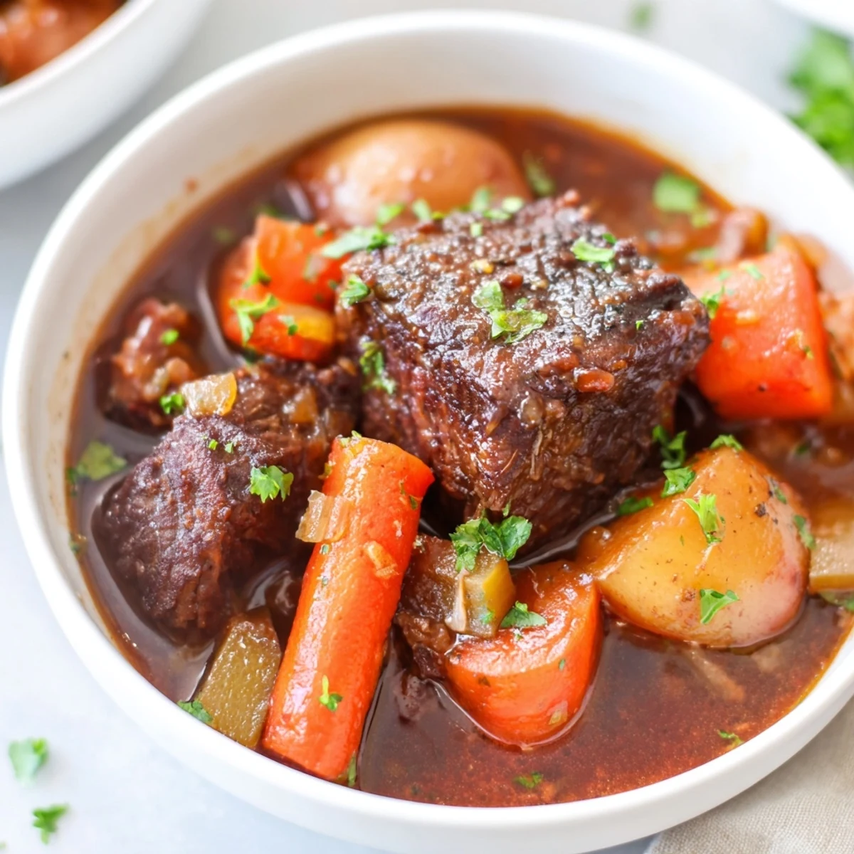Fork-tender Slow Cooker Beef Stew with Carrots and Potatoes served in a rustic bowl, garnished with fresh parsley and ready to be paired with crusty bread.