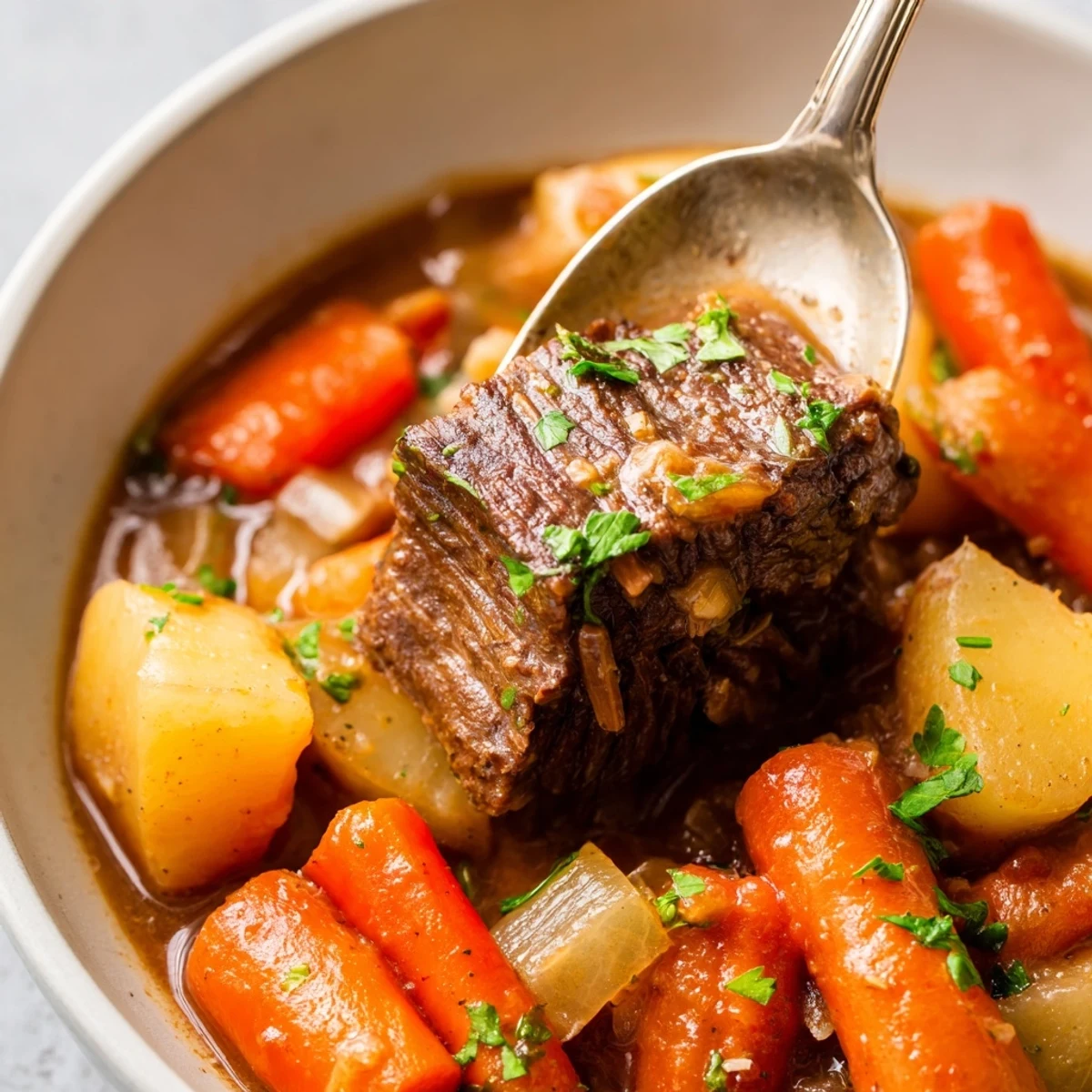 Steaming Slow Cooker Beef Stew with Carrots and Potatoes bubbling in a ceramic insert, featuring tender beef chunks and vibrant vegetables in a rich, savory broth.