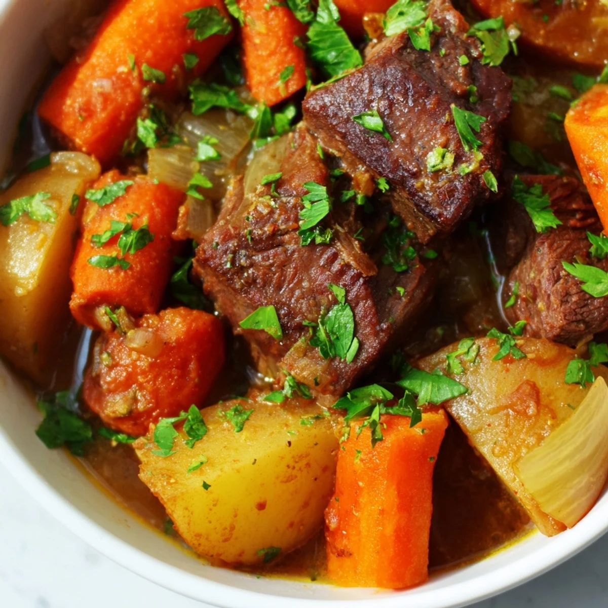 Hearty Slow Cooker Beef Stew with Carrots and Potatoes slow-cooked to perfection, revealing colorful carrots and potatoes in a thick, glossy gravy inside the slow cooker.