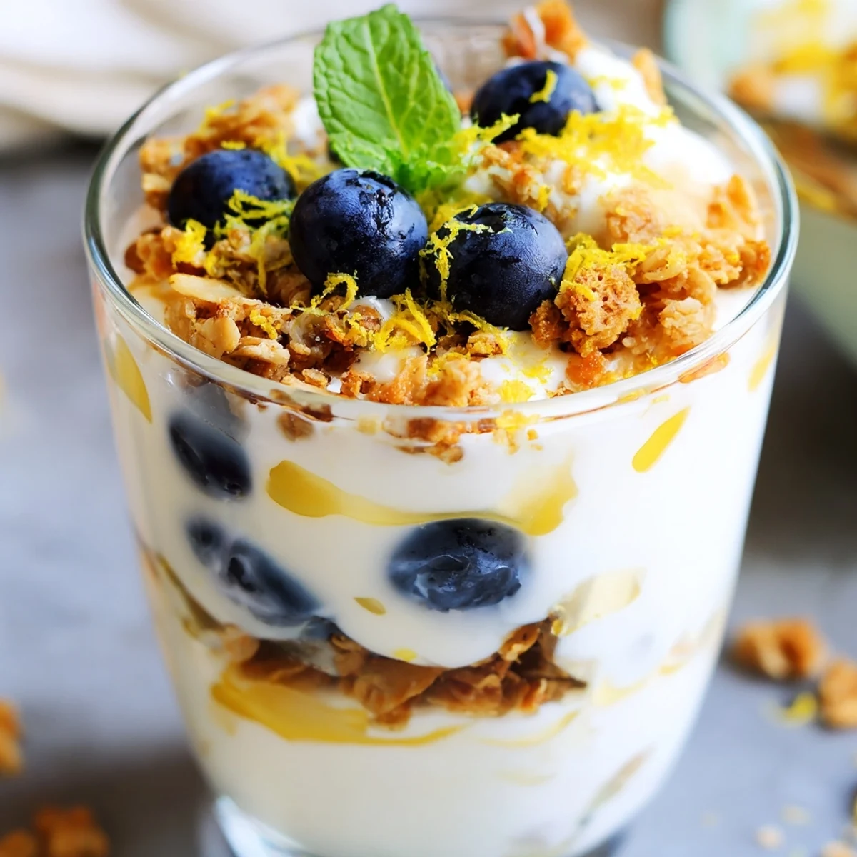 Close-up of a layered Lemon Blueberry Yogurt Parfait with plump blueberries, honey-sweetened yogurt, and granola texture ready to eat.