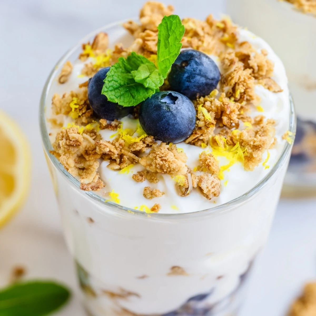 A clear glass shows layers of tangy lemon yogurt, fresh blueberries, and granola, finished with lemon zest—perfect for a quick snack or brunch.