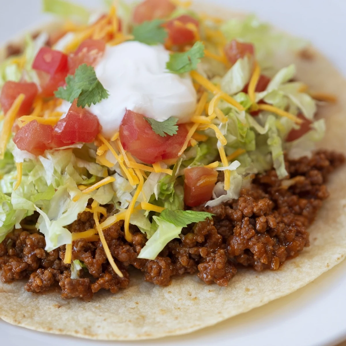 Golden skillet of Beef Tacos with Homemade Taco Seasoning, ready to serve with fresh cilantro, salsa, and shredded cheese.