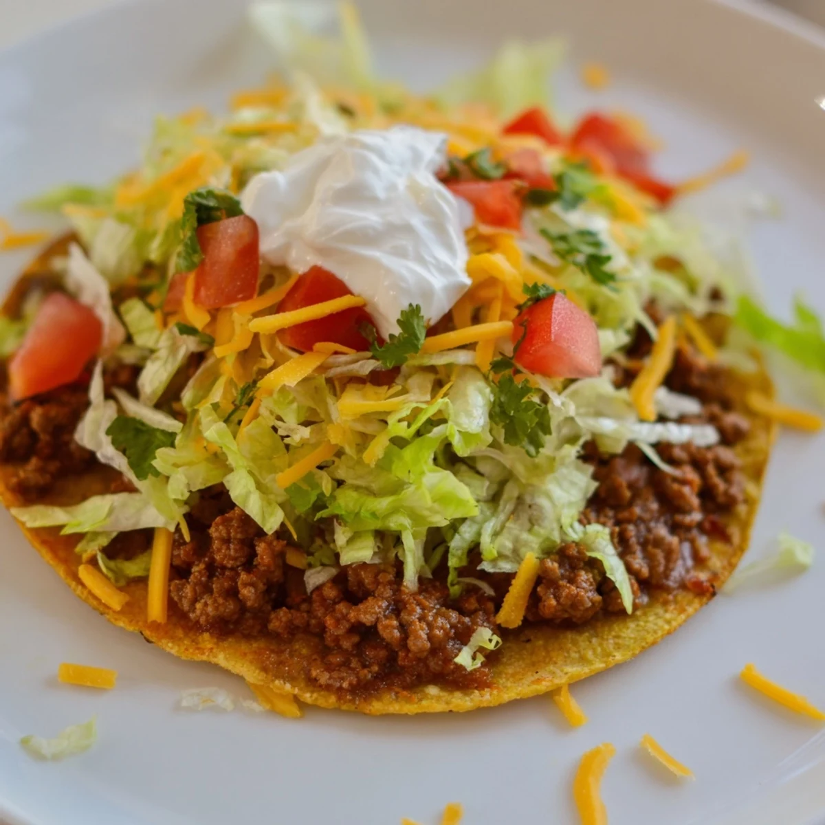Warm corn tortillas holding seasoned ground beef, topped with diced tomatoes, sour cream, and a squeeze of fresh lime.