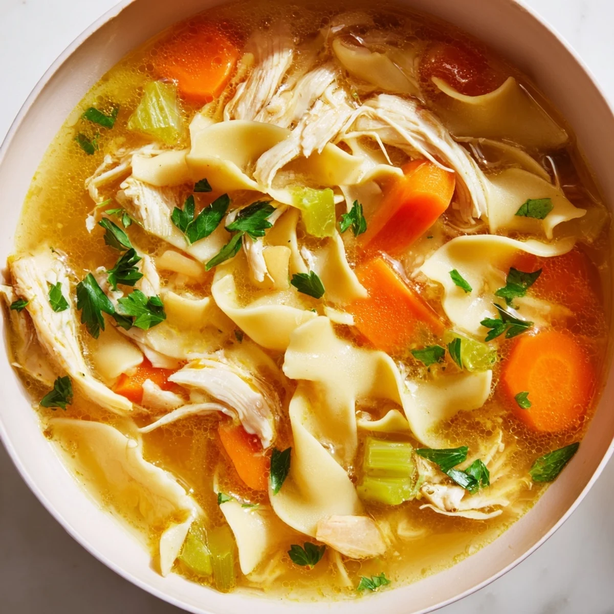 Steamy bowl of Chicken Noodle Soup with Egg Noodles, packed with shredded chicken, carrots, and fresh parsley.