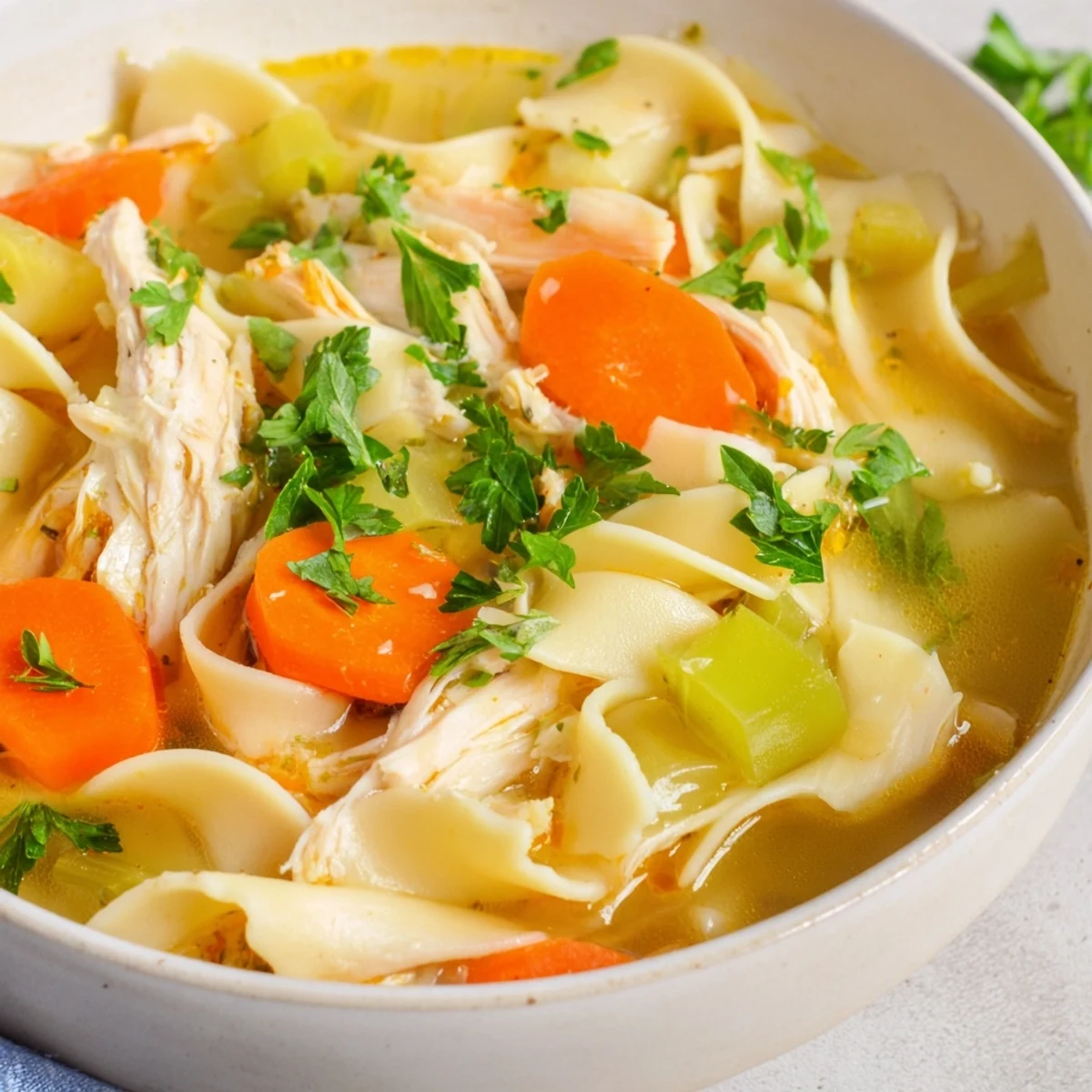 Close-up of Chicken Noodle Soup with Egg Noodles, served hot with hearty egg noodles and juicy chicken pieces.
