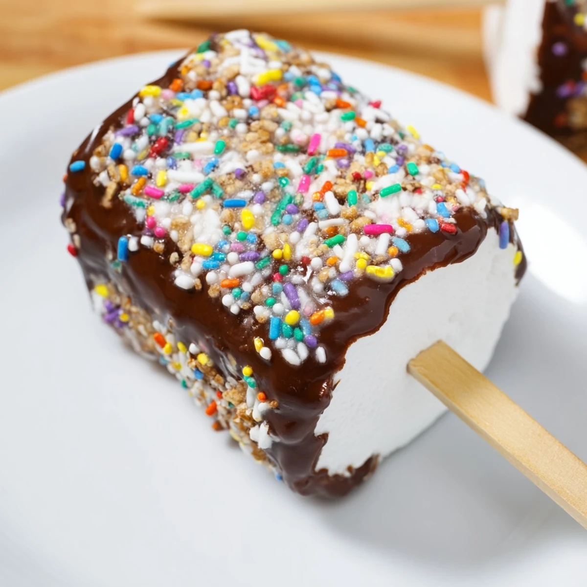 Fluffy marshmallows on stick sit on parchment, coated in rich chocolate, ready to chill and serve.