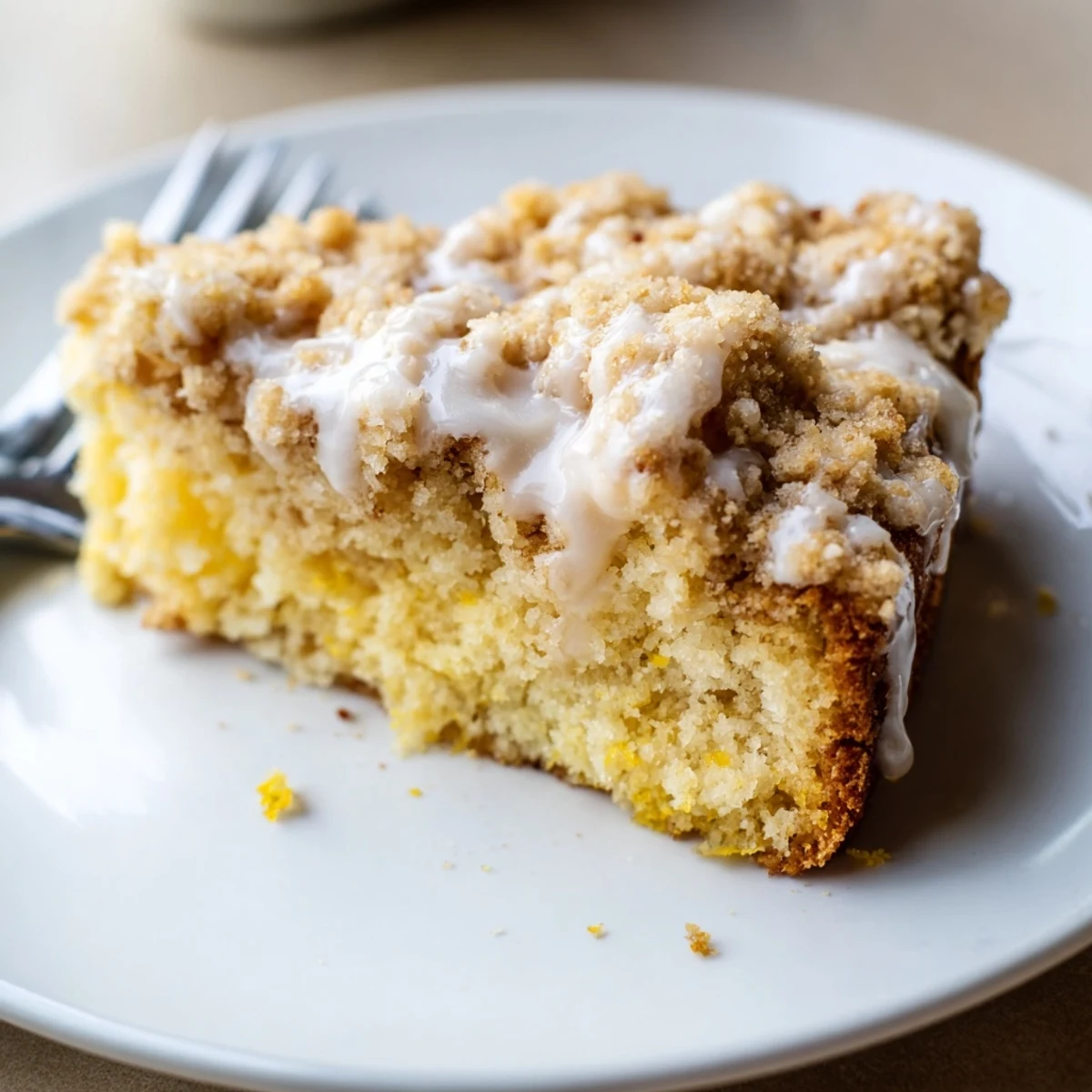 Freshly baked Lemon Coffee Cake with Crumble reveals a golden, buttery streusel topping over a moist, tender crumb.
