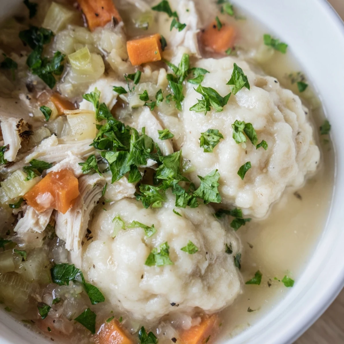 Steaming bowl of homemade Chicken Soup with Dumplings, featuring tender shredded chicken, carrots, and celery in a rich broth.