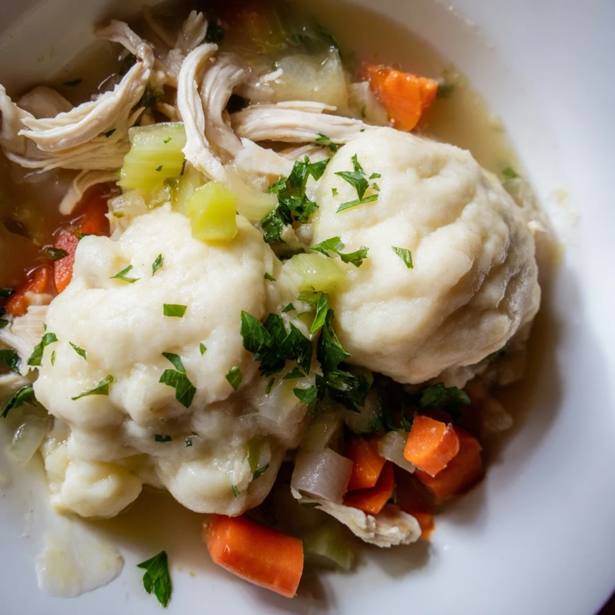 Comforting spoonful of Chicken Soup with Dumplings, fluffy dough balls floating in golden broth with fresh parsley garnish.