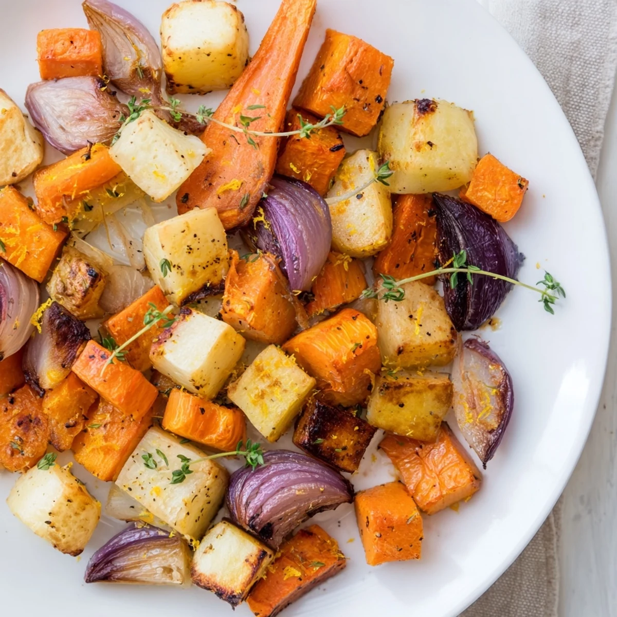 Golden roasted roots with thyme on a rustic platter, steaming slightly, with caramelized edges and vibrant parsley garnish.