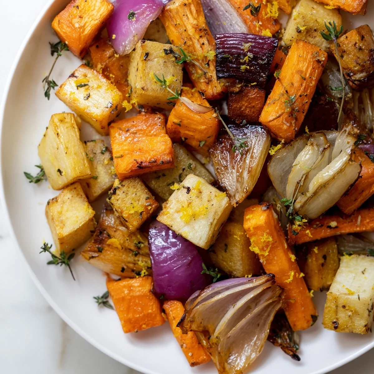 Hearty roasted roots with thyme in a ceramic bowl, showcasing tender sweet potato and parsnips next to a fork.