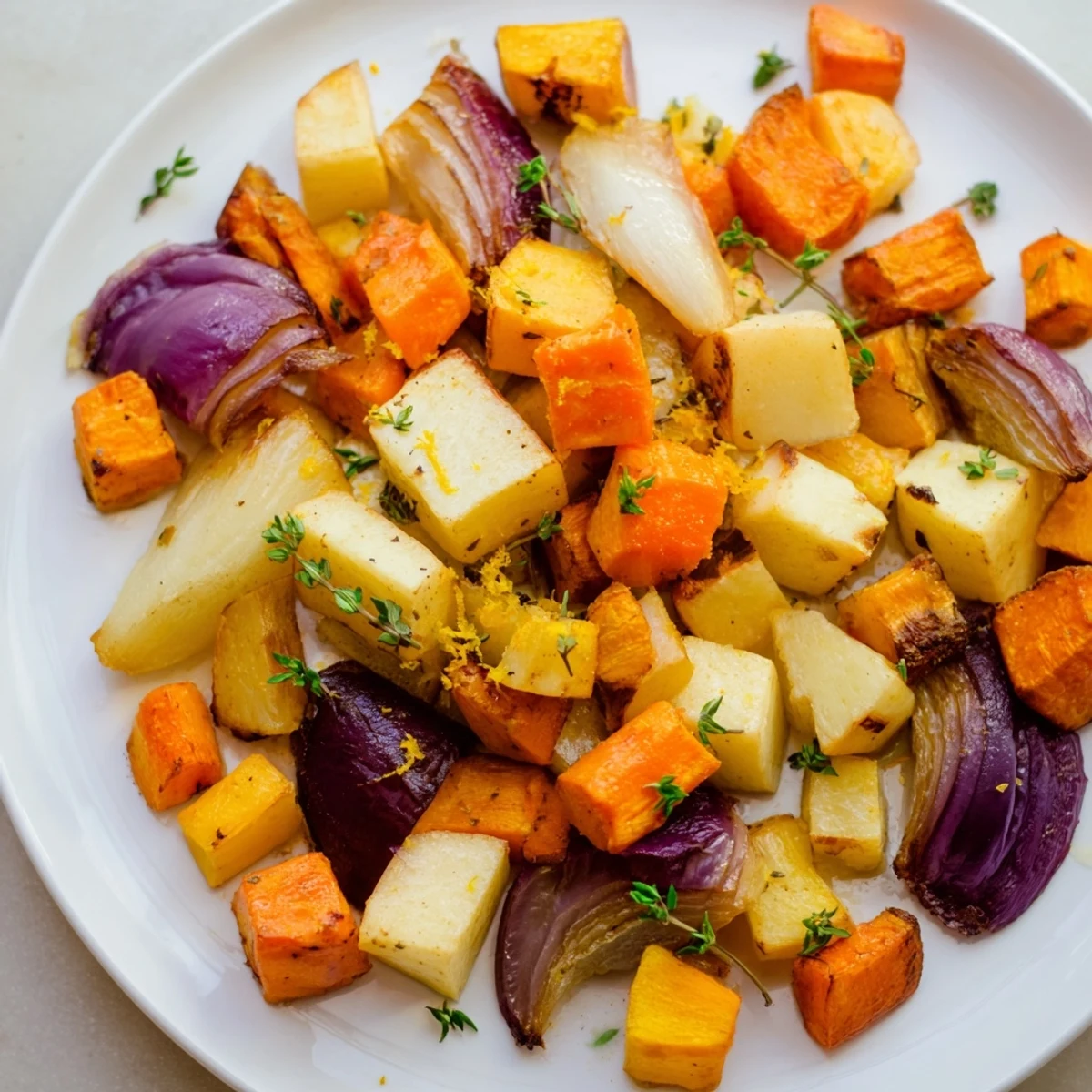 Savory roasted roots with thyme served alongside roasted chicken, glistening olive oil and bright lemon zest on vegetables.