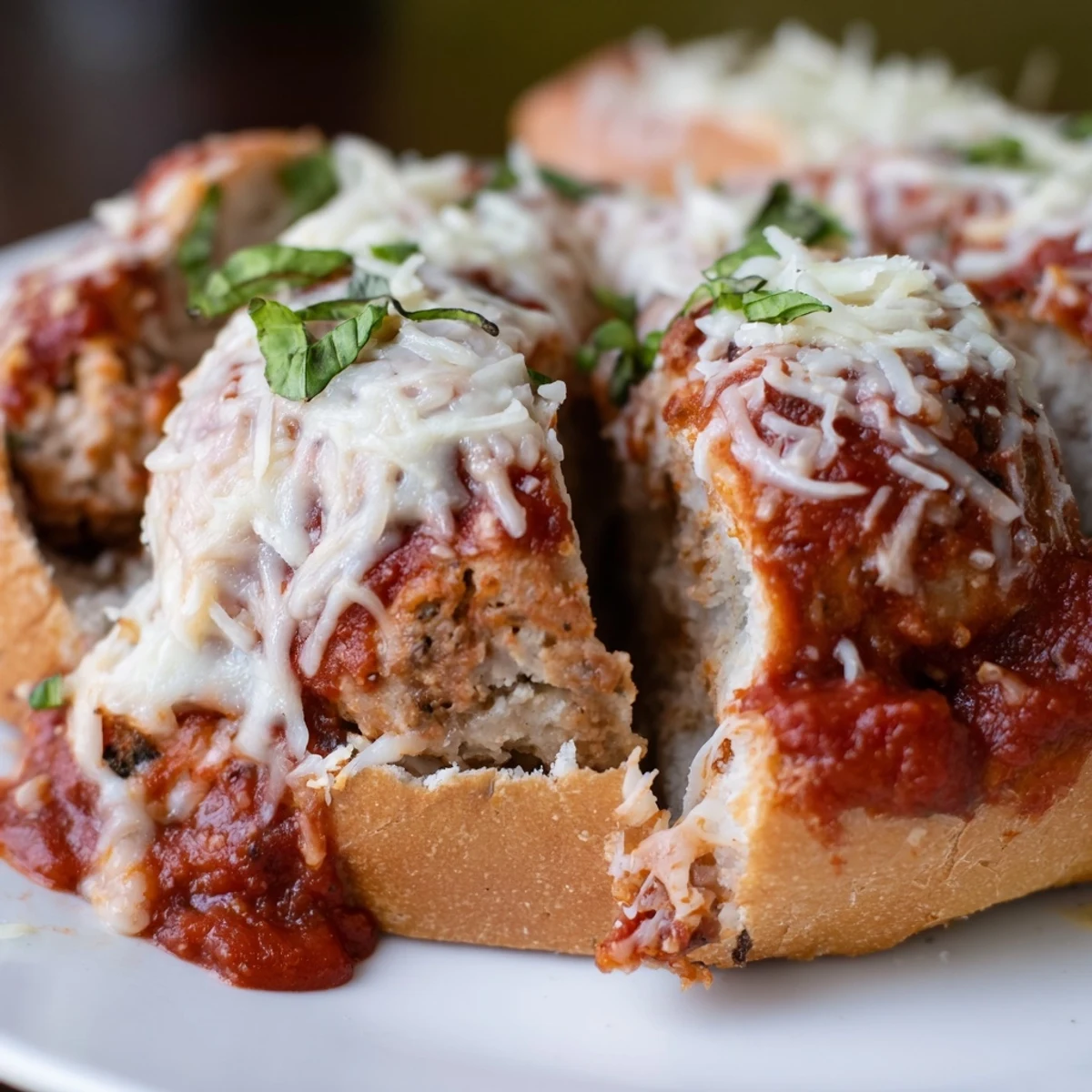 Freshly baked turkey meatball subs topped with bubbly mozzarella and a garnish of green parsley sit beside a small bowl of sauce.