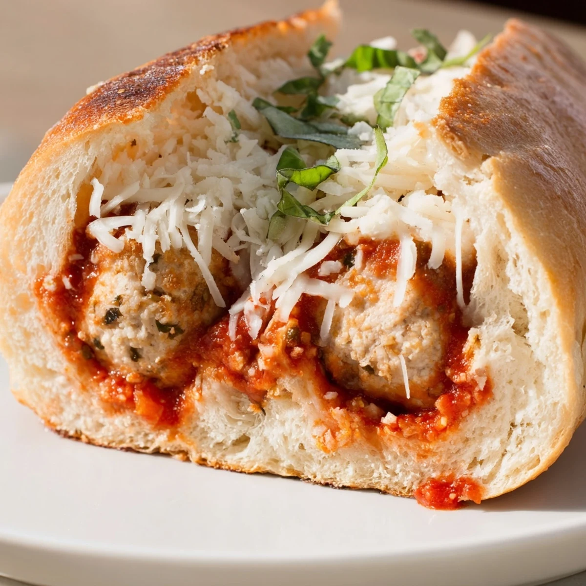 Golden-brown turkey meatballs in rich marinara sauce are tucked into a toasty hoagie roll, ready for a melty cheese topping.