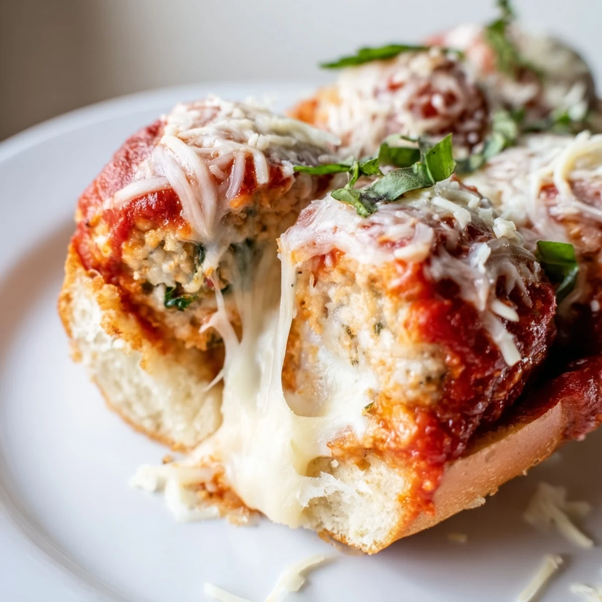 Juicy turkey meatballs simmered in marinara are piled high on a sub roll, then finished with melted cheese and fresh basil.