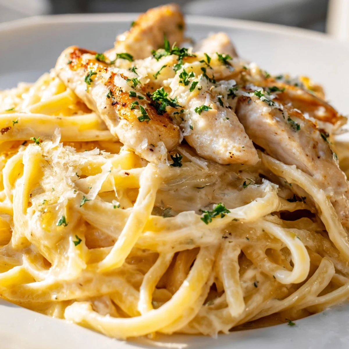 Creamy Chicken Alfredo pasta in a white bowl, garnished with parsley and Parmesan, ready to serve.
