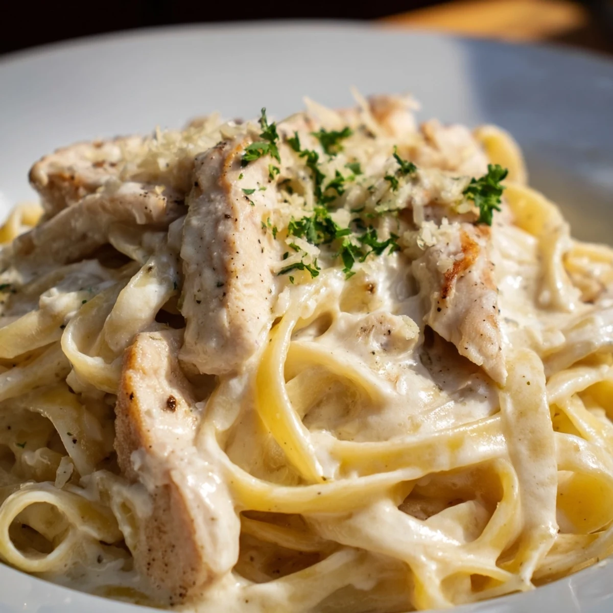 Steaming Creamy Chicken Alfredo twirled on a fork, showing tender chicken strips coated in rich sauce.