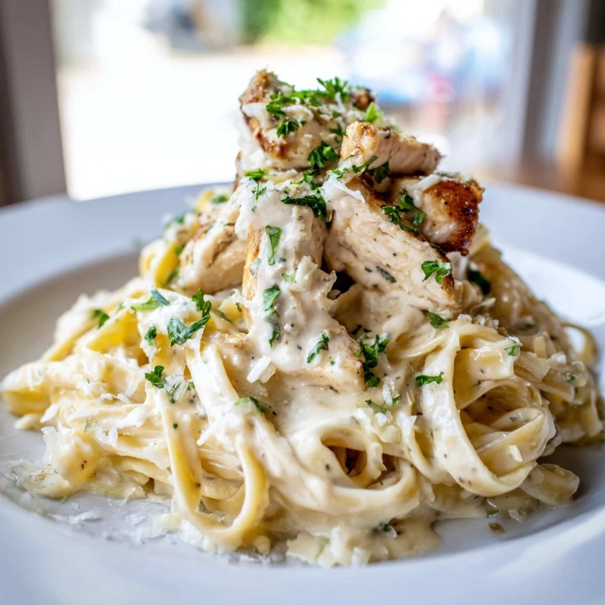 Family-style Creamy Chicken Alfredo in a skillet beside a glass of Pinot Grigio and crusty bread.