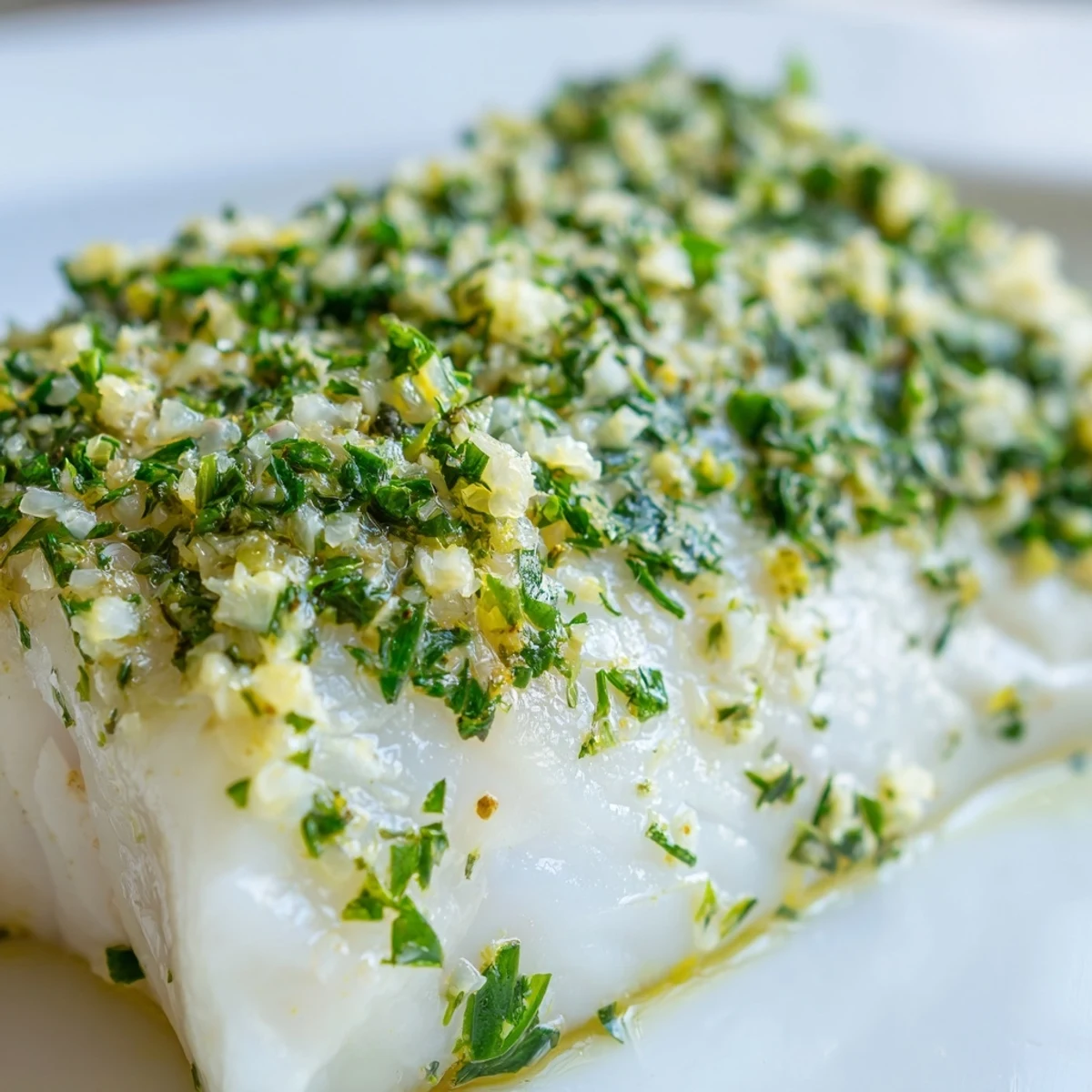 Freshly baked halibut fillets topped with vibrant chopped herbs and lemon wedges on a rustic wooden table.